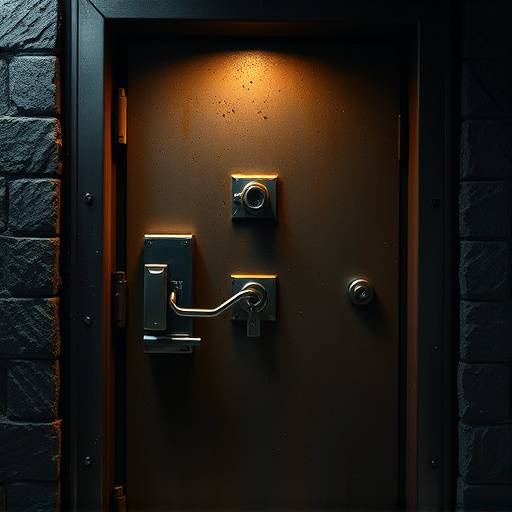Detalle de la puerta de una celda de alta seguridad con mültiples cerraduras y un sistema de intercomunicación.