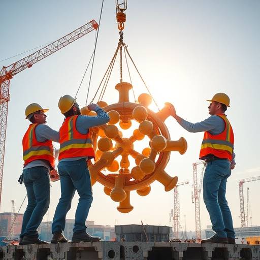 Imagen de un equipo de construcción trabajando en la edificación de una estructura de celda con materiales resistentes.