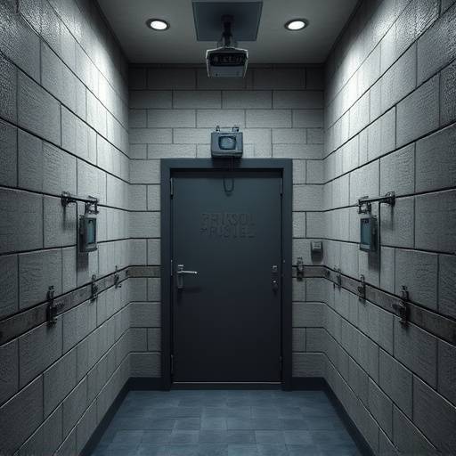 Vista interior de una celda de alta seguridad con paredes reforzadas, puerta de acero y sistema de videovigilancia.